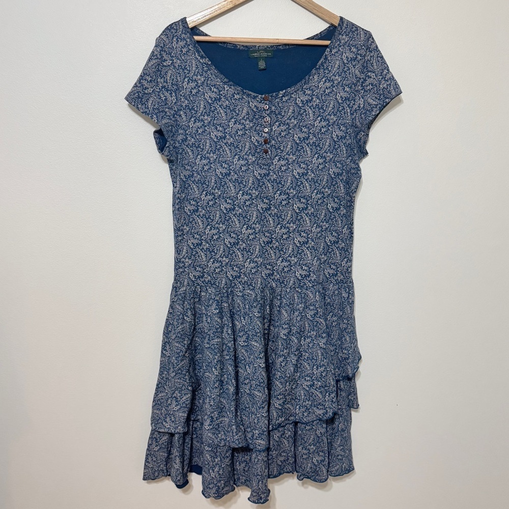 Ralph Lauren Floral Paisley Midi Dress Size Large Blue Cotton Ruffle